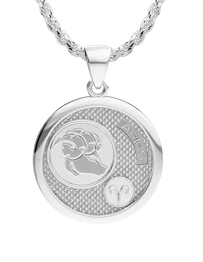 Ladies 925 Sterling Silver Round Aries Zodiac Polished Finish Pendant ...